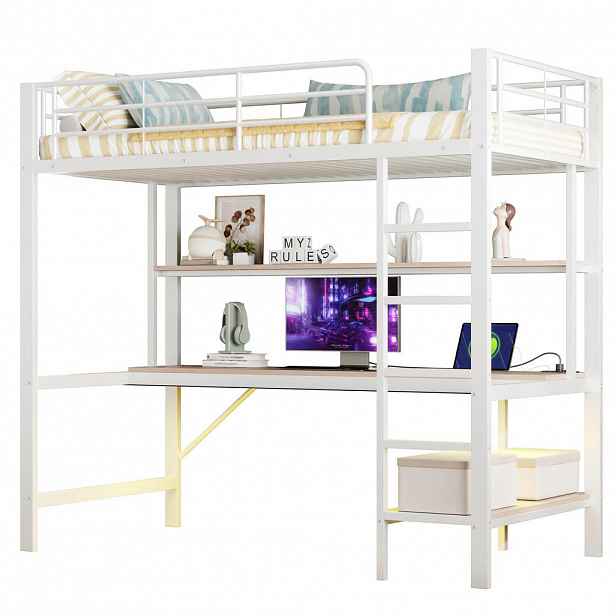 FLIEKS VYVÝŠENÁ POSTEL 90x200cm Kov LED Stůl USB Bílá