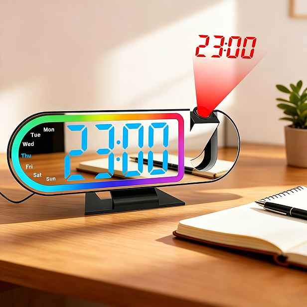 TEMU LED projekční budík, LED budík s měnícími se barvami, podporuje 180° převrácení projekce času na zeď strop, USB napájení s paměťovou funkcí, je