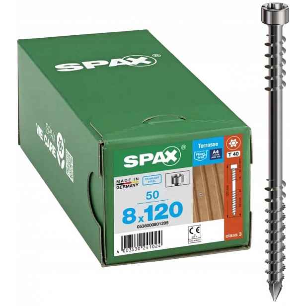 Terasové Šrouby Spax A4 8x120 T25 Nerezové 50 Ks Na Terasu Mola