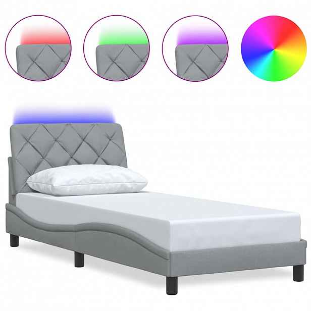 vidaXL Rám postele s LED bez matrace Světle šedá 90x190 cm Látka