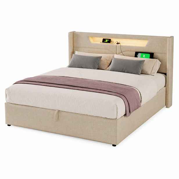 CHICFURN ČALOUNĚNÁ POSTEL 140/200 cm v béžové barvě z lněné látky s úložným prostorem, LED osvětlením a USB/Type-C