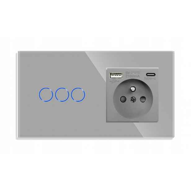 Dotykový Spínač Trojitý 3K S Konektorem Usb-c 3.1A