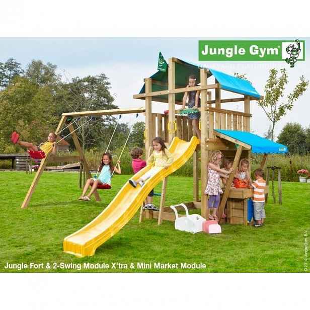 Hřiště Jungle Fort  se skluzavkou, modulem MiniMarket a houpačkami 2-Swing Frame