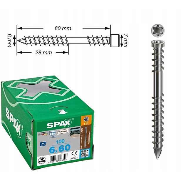 Šrouby na terasovou desku ocel A4 Spax 6 x 60 mm 100 ks