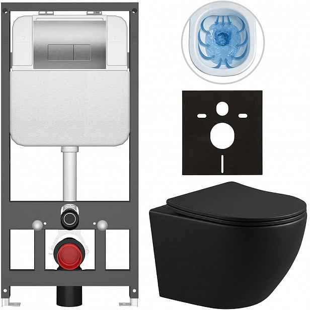 Kompletní WC set Basic/Cesso - černá matná - WC tlačítko Modulo/Stříbrná - závěsné - předstěnová instalace - 49x36 cm - 8050BD86373