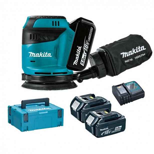 Makita - 18V AKU excentrická bruska 125 mm, 2x aku 5,0 Ah LXT, nabíječka DBO180RTJ