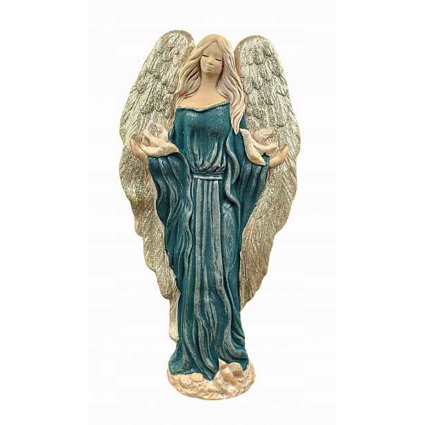 Figurka Anděl Gloria zelený, zlatá třpytivá křídla, výška 42 cm