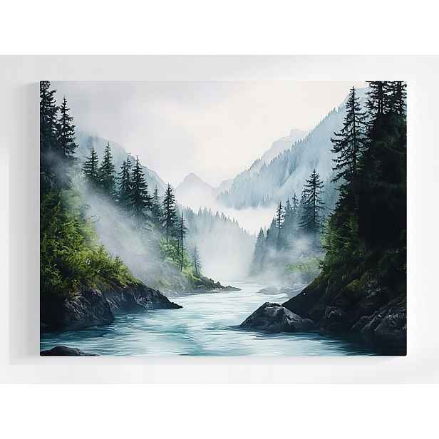 Plakát Krajina Hory Les Stromy Řeka Mlha 100x75