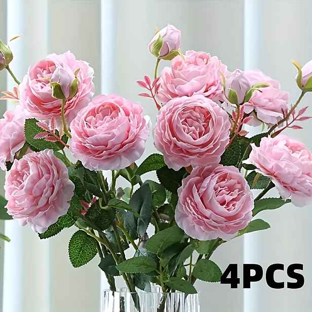 TEMU 4ks Elegantní Umělé Pivoňky - 8 Velkých Hedvábných Pivoněk + 4 Pupeny, 65cm Ohýbatelné Stonky pro Svatební Středové Dekorace, Svatební Kytice,