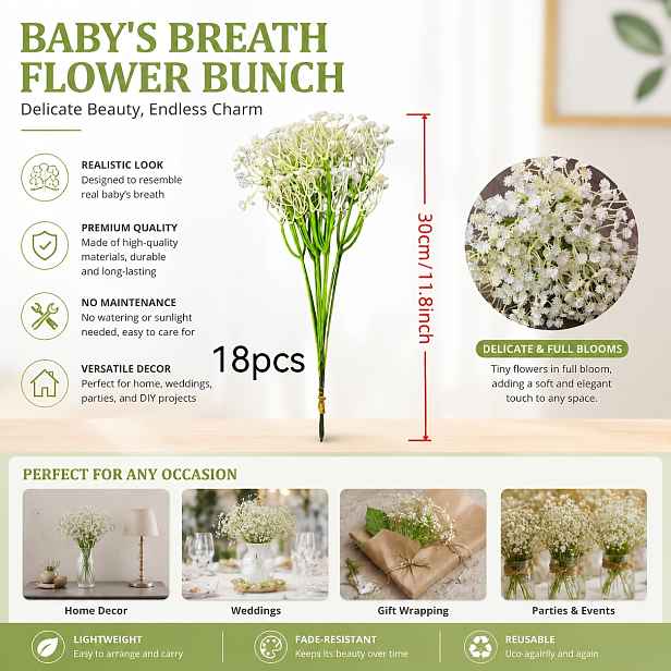 TEMU 18 ks kvalitních umělých květin Baby's Breath, bílý kytice umělých Gypsophily pro svatební a narozeninové dekorace, styling interiérů a