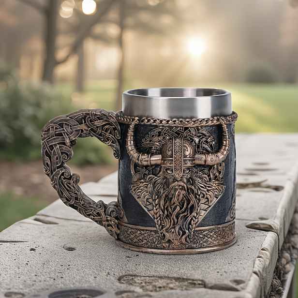 TEMU Vikingský půllitr z pryskyřice a nerezové oceli, s vyrytým řezbářským designem, nerozbitný hrnek bez víčka pro muže (neizolovaný)