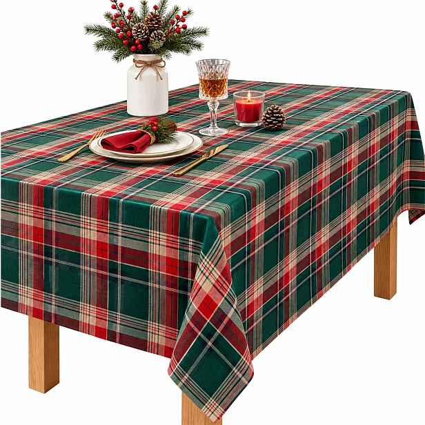 Kostkovaný Vánoční Ubrus 140 X 220 CM Červeno Zelený Bavlna Polyester