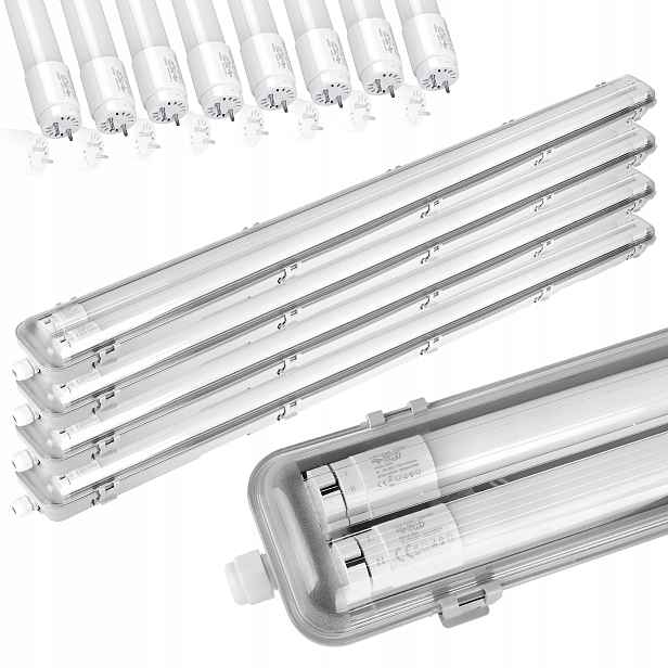 4x Vodotěsné svítidlo 120cm 8x Led trubice, přisazené, do garáže