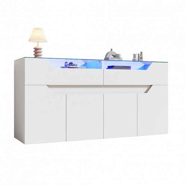 CHICFURN KOMODA 140/140/70 cm v bílé barvě z MDF se skleněnou deskou a zásuvkami