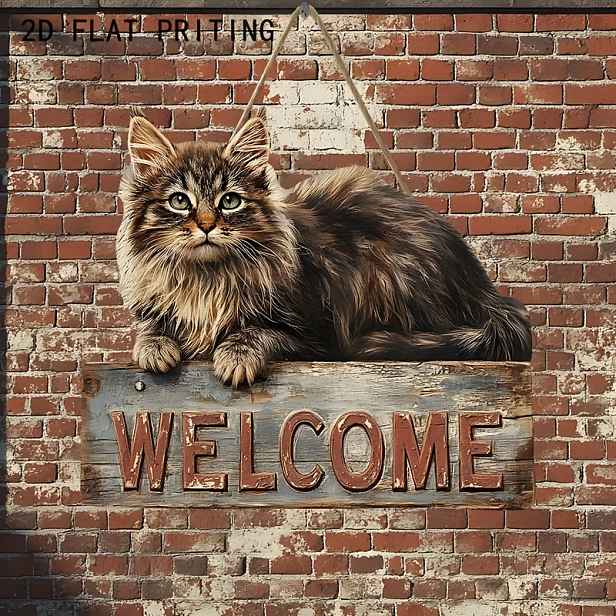 TEMU 2D Plochý, 2D Plochý Maine Coon Dřevěný Vítací Znak - 9.8"x8.7" Rustikální Nástěnná Dekorace, Imitace Dřeva pro Interiér i Exteriér, Ideální do