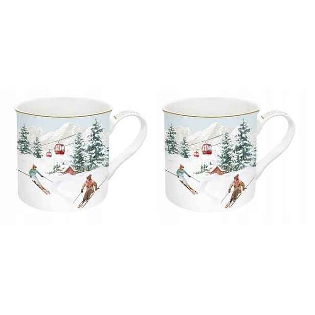 Sada 2 porcelánových hrnků 300 ml na zimní lyžování, hory, zimní prázdniny, dárek