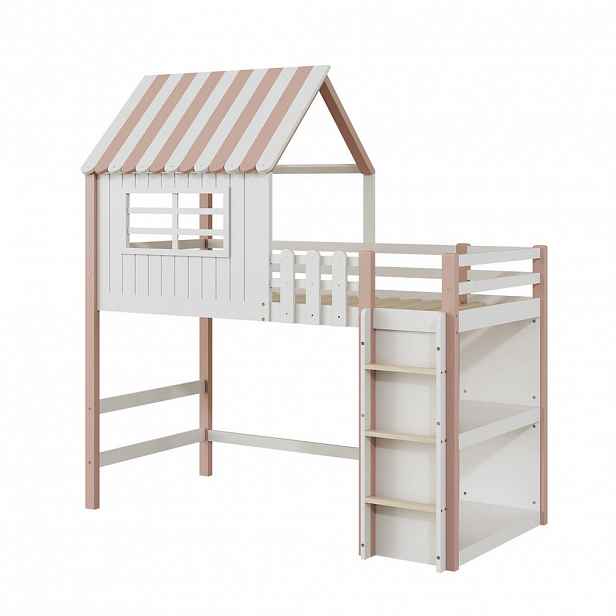 CHICFURN VYVÝŠENÁ POSTEL 90/200 cm v růžové barvě s bezpečnostním žebříkem