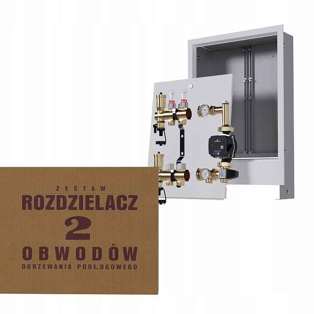 Rozdělovač pro podlahovku 2 okruhy se skupinou Grundfos podomítková skříňka