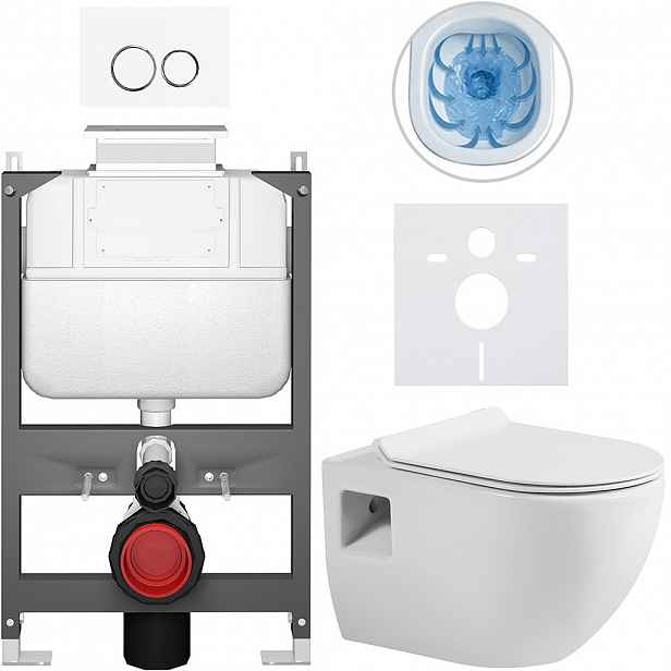 Kompletní WC set Basic/Dure - bílá lesklá - WC tlačítko Dualo/Bílá - ovládání shora - předstěnová instalace - 51x35 cm