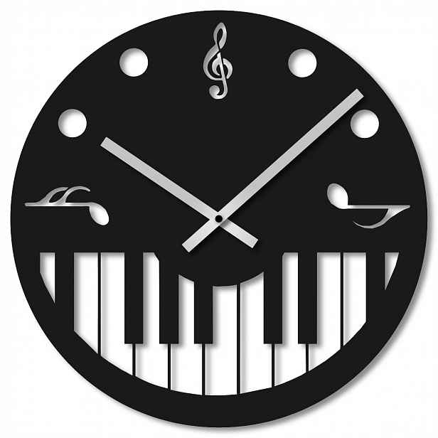 Nástěnné Hodiny 50 cm Dřevěné Nástěnné Hodiny Velké Černé Hudba Piano