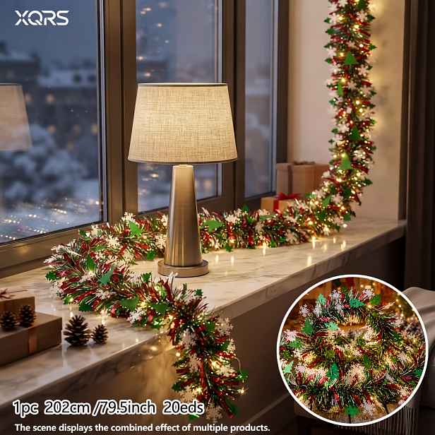 TEMU 1 ks Vánoční girlanda s teplým světlem, sněhovými vločkami a flitry ve tvaru vánočního stromku, 202 cm (79,5 palců), 20 LED; Obsahuje barevné,