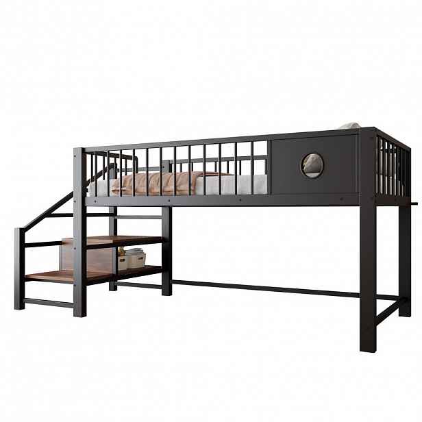 FLIEKS VYVÝŠENÁ POSTEL 90x200 cm Černá Kov Schody Úložný prostor