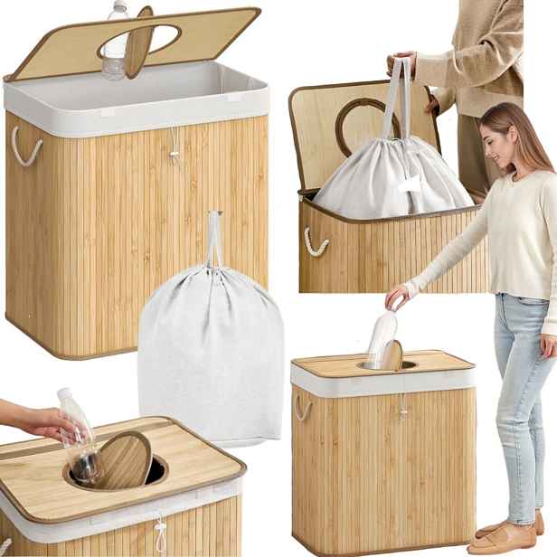 Koš na lahve Bambusová nádoba 120L Eko s víkem pro recyklaci Sáček