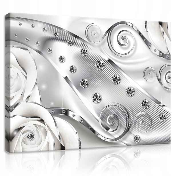 Obraz 80x60 Bílé růže diamanty krystaly stříbro lesk glamour elegance
