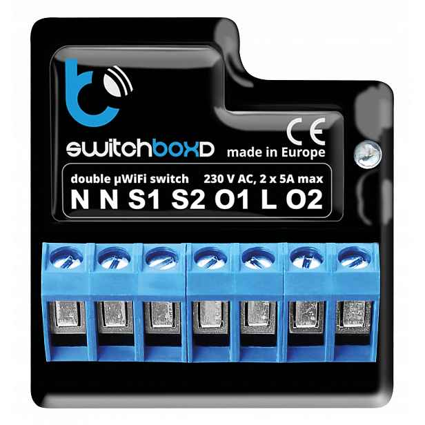 switchBoxD – dvojitý přepínač µWiFi On/off, „zapněte včas“ až do 230 V Ac