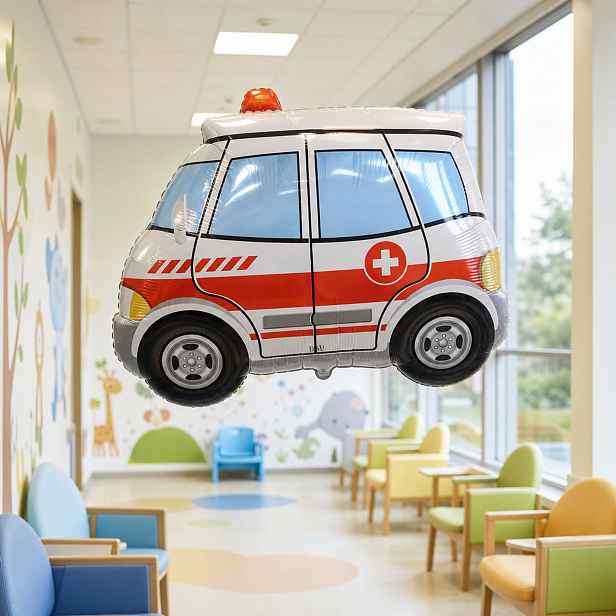 TEMU Bílý fóliový balónek sanitky, mylarový balónek záchranného auta pro , narozeninová oslava s nouzové situace, heliumový balónek, hra s nemocnicí,