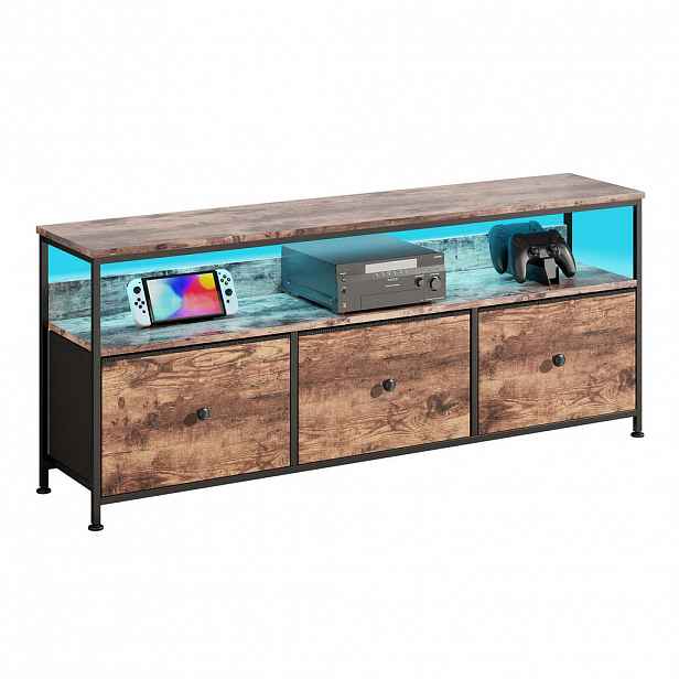 TV stolek, TV deska s LED osvětlením, 108 cm, 3 látkové zásuvky