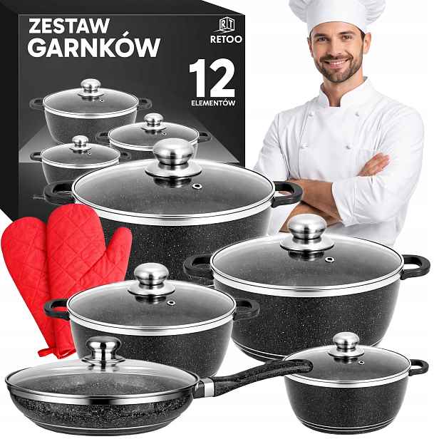 Komplet Hrnců Keramický Povrch Sada 12 Ks Pánev Rukavice