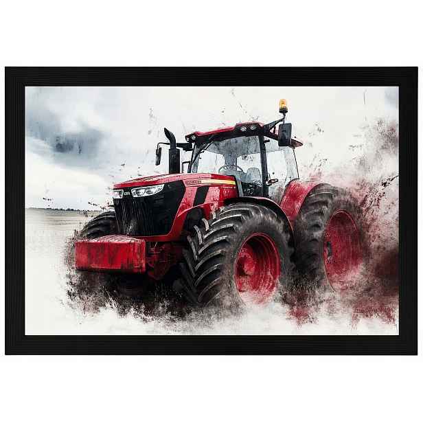 Plakát Rámeček Dřevo Červený Traktor Farma Pole Zemědělský Traktor 60x40