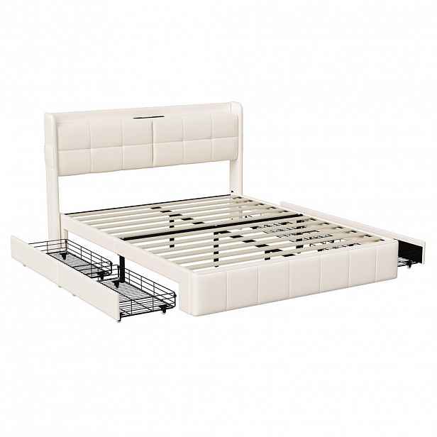 ČALOUNĚNÁ postel 160x200 cm s USB, 4 zásuvky, LED, lamelový rošt, PU, bílá