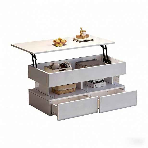 Modfu KONFERENČNÍ stolek z MDF a akrylu 100x50x46 cm bílý s výklopnou deskou, LED osvětlením a 2 zásuvkami