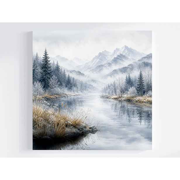 Obraz Na Plátně Canvas Krajina Hory Les Stromy Řeka Zima Mráz Námraza 50x50