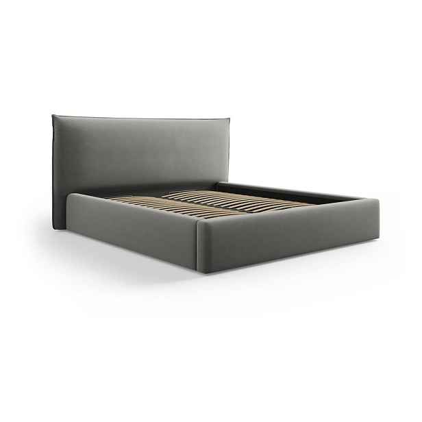 Šedá čalouněná dvoulůžková postel s úložným prostorem a roštem 180x200 cm Elio – Milo Casa