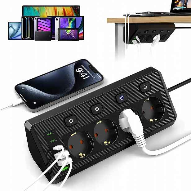Prodlužovací Kabel Zásuvková Lišta 4 Zásuvky 2M 2500W 3XUSB-A 3XUSB-C Vypínač