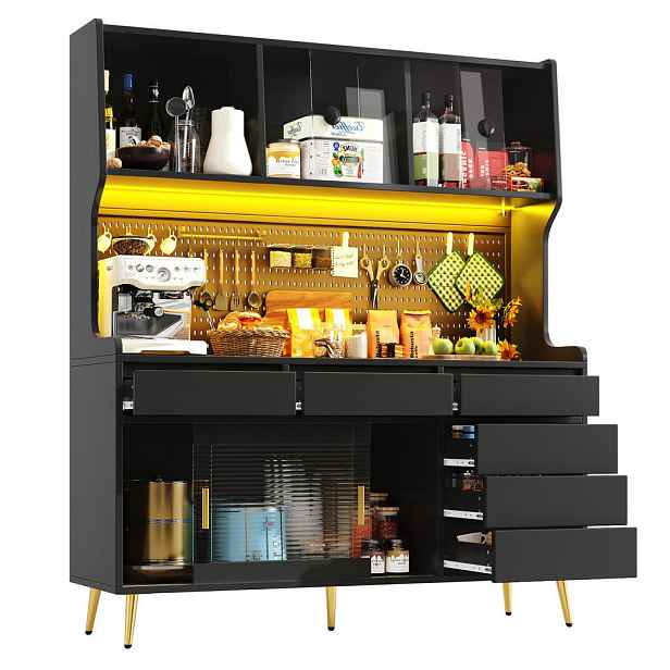 Modenvie BUFFET skříň 145/39/171 cm z MDF a skla černá s LED osvětlením