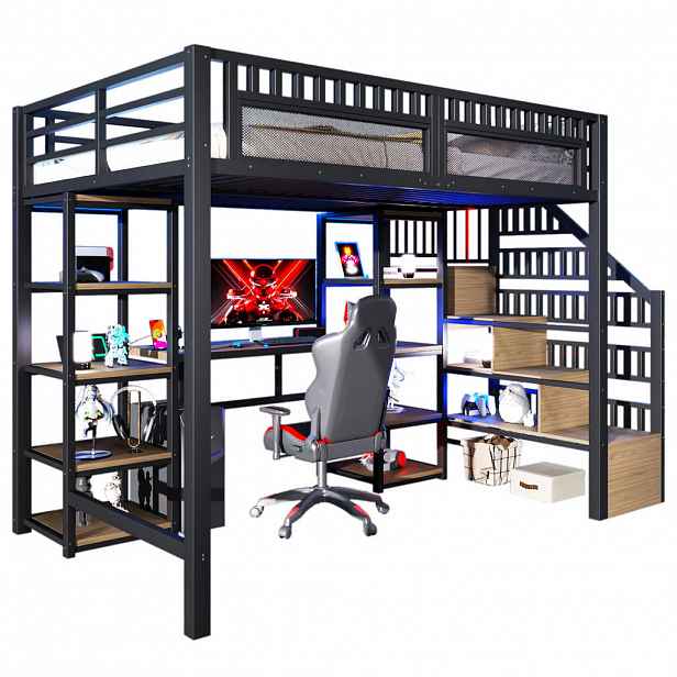 CHICFURN VYVÝŠENÁ POSTEL 140/200 cm v černé barvě s psacím stolem, LED a USB