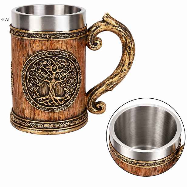 Pivní Sklenice Strom života 600 ml, keltský motiv, dárek pro muže, nerezová vložka