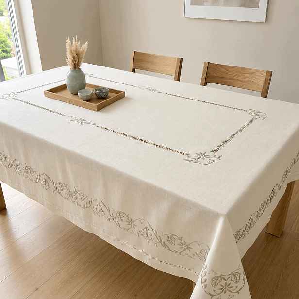 Vyšívaný ubrus 160x220 Viskóza Elegantní Béžová výšivka Boho na stůl