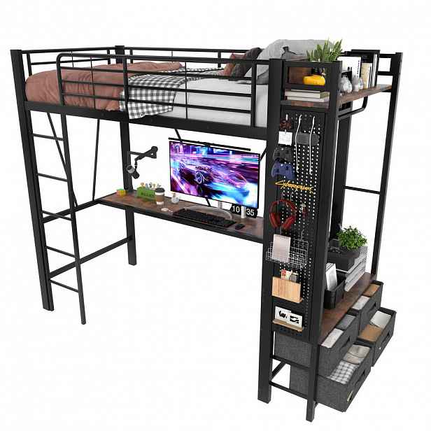 FLIEKS VYVÝŠENÁ POSTEL 90x200cm Kov Stůl Zásuvky LED Černá