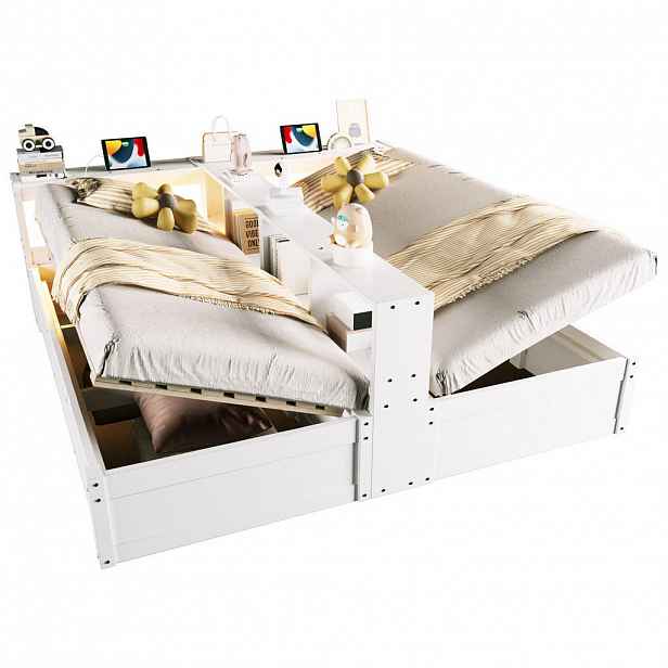 CHICFURN POSTEL 90/200 cm / 180/200 cm v bílé barvě s úložným prostorem, LED a zásuvkami