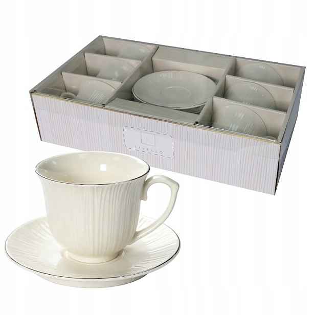 Porcelánové šálky Ribelle Bílo stříbrné 250 ml 6 ks Podšálky 14 cm MR6-13