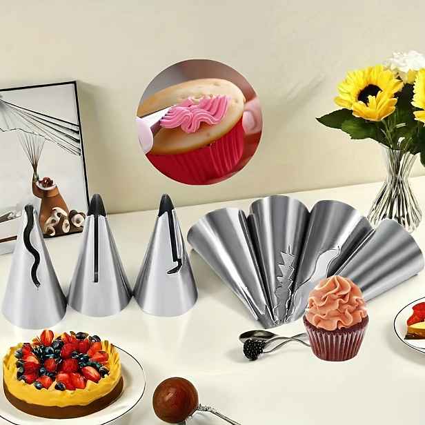 TEMU 7ks Nerezové Plisované Sukně Cukrářské Trysky - Sada na Dekoraci Dortů s Unikátními Vzory pro Cupcakes & Pečivo - Prémiové Pečící Potřeby pro