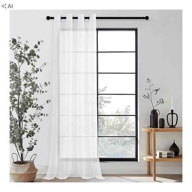 Bílá záclona záclona poloprůhledná 140 x 350 cm s očky, vzhled lnu, lehká