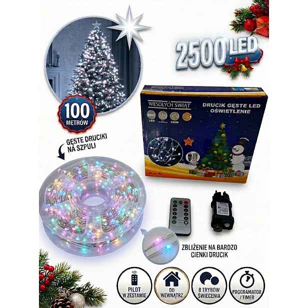 Vánoční Osvětlení Na Stromeček 100 m 2500 Led Multicolor 8 režimů pro vnitřní použití