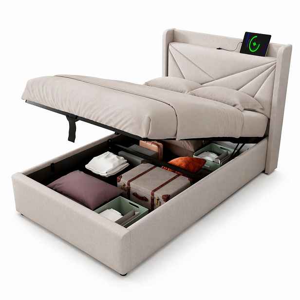 CHICFURN ČALOUNĚNÁ POSTEL 90/200 cm v béžové lněné látce s úložným prostorem, USB a Type-C