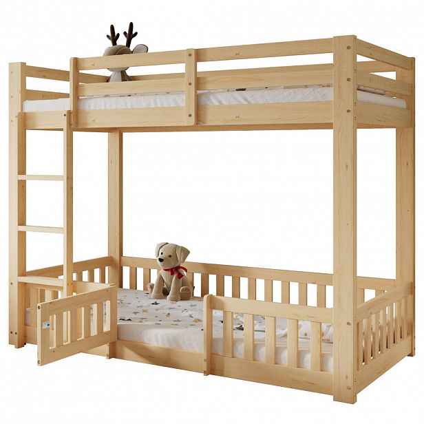 CHICFURN PATROVÁ POSTEL 90/200 cm v přírodní barvě se schůdky a ochrannými zábranami
